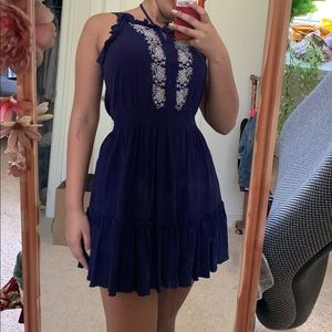 Macy's Navy Blue Floral Fit And Flare Dress